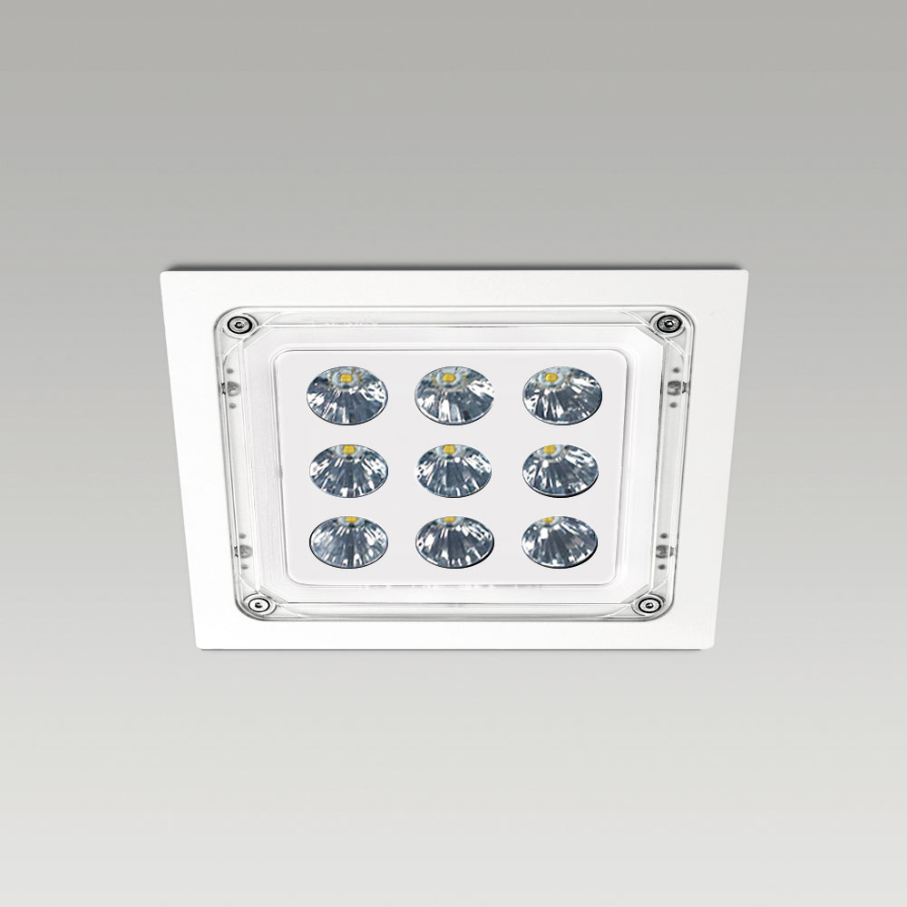 Ceiling recessed downlight for outdoor lighting with squared design
