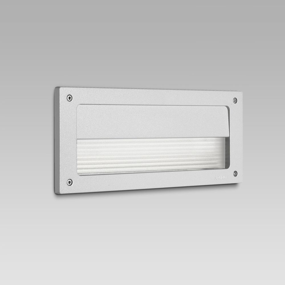 Wall recessed steplight for functional lighting of outdoor areas featuring a rectangular design