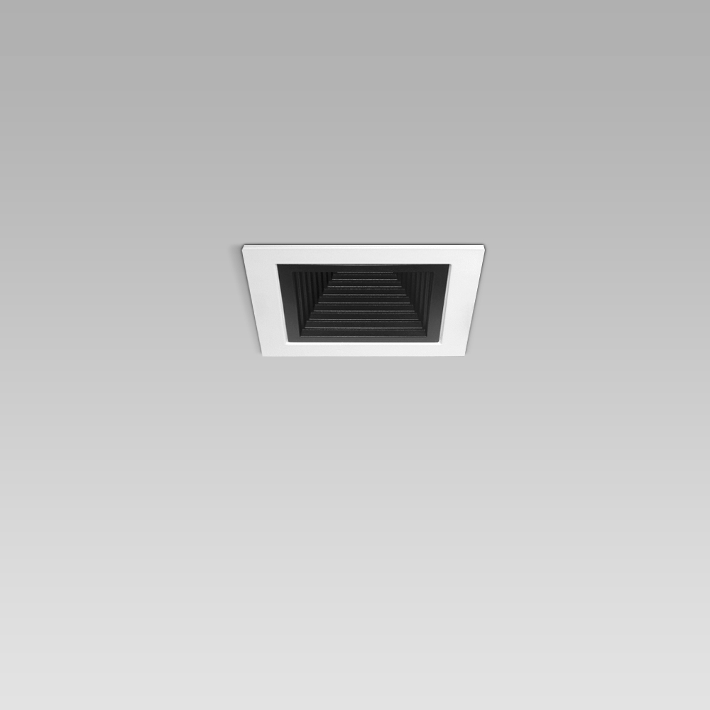 Apparecchio da incasso a soffitto compatto ed elegante dal design quadrato  per l'illuminazione di interni, con ottica nera o metallizzata